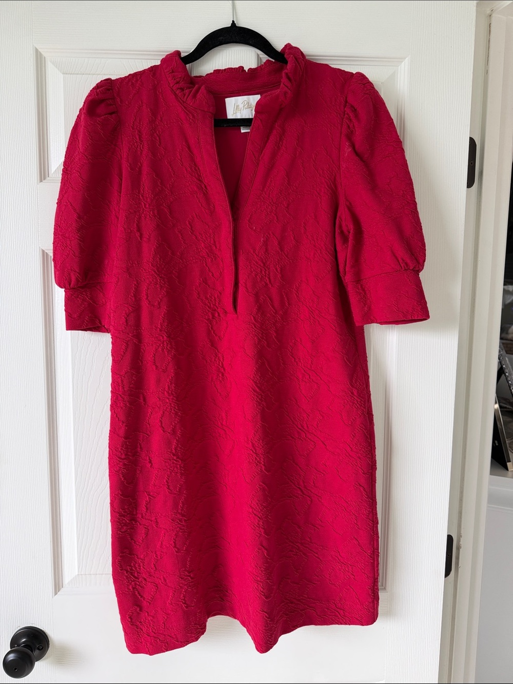 Lilly Pulitzer Hot Pink Textured Shift Dress with Puff Sleeves